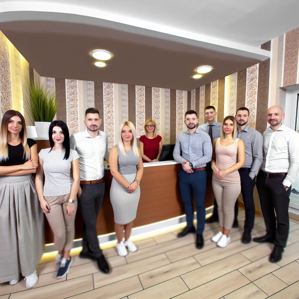 Az Otthon Karbantartó mosolygós szakértői csapata egy modern, világos irodában